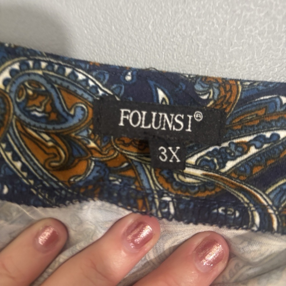 Folunsi Blue Orange Paisley Print Pullover Blouse Shirt Top Long Sleeve Plus 3X - Picture 3 of 12